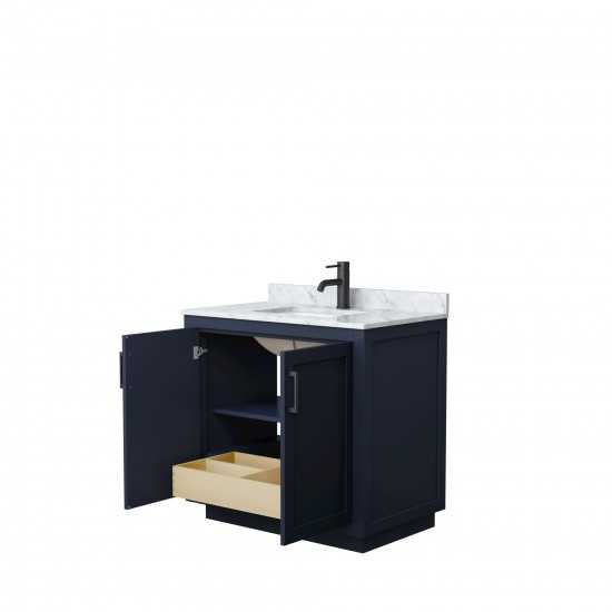 36 Inch Single Bathroom Vanity in Dark Blue, White Carrara Marble Countertop, Sink, Black Trim