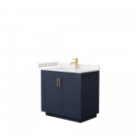 36 Inch Single Bathroom Vanity in Dark Blue, Light-Vein Carrara Cultured Marble Countertop, Sink, Gold Trim