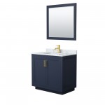 36 Inch Single Bathroom Vanity in Dark Blue, White Carrara Marble Countertop, Sink, Gold Trim, 34 Inch Mirror