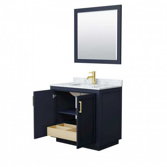 36 Inch Single Bathroom Vanity in Dark Blue, White Carrara Marble Countertop, Sink, Gold Trim, 34 Inch Mirror