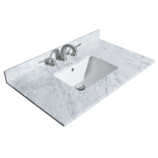 36 Inch Single Bathroom Vanity in Dark Blue, White Carrara Marble Countertop, Sink, Gold Trim, 34 Inch Mirror