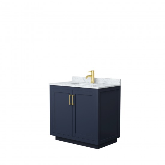 36 Inch Single Bathroom Vanity in Dark Blue, White Carrara Marble Countertop, Sink, Gold Trim