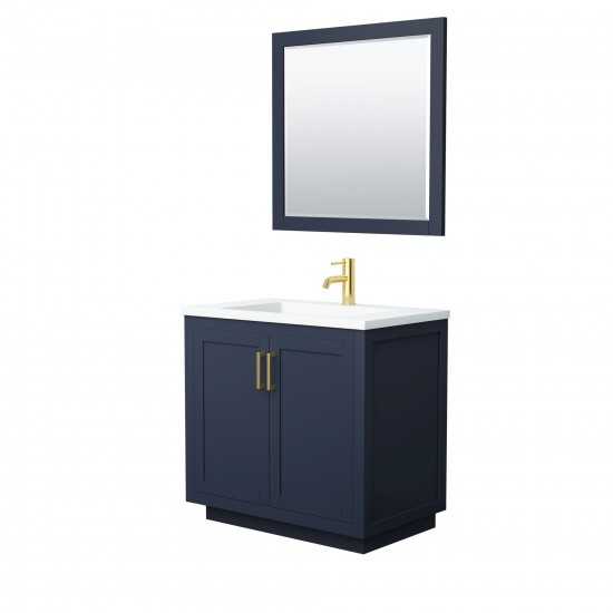 36 Inch Single Bathroom Vanity in Dark Blue, 1.25 Inch Thick White Solid Surface Countertop, Sink, Gold Trim, 34 Inch Mirror
