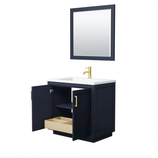 36 Inch Single Bathroom Vanity in Dark Blue, 1.25 Inch Thick White Solid Surface Countertop, Sink, Gold Trim, 34 Inch Mirror