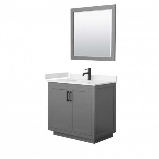 36 Inch Single Bathroom Vanity in Dark Gray, Light-Vein Carrara Cultured Marble Countertop, Sink, Black Trim, 34 Inch Mirror