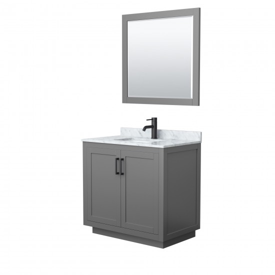 36 Inch Single Bathroom Vanity in Dark Gray, White Carrara Marble Countertop, Sink, Black Trim, 34 Inch Mirror