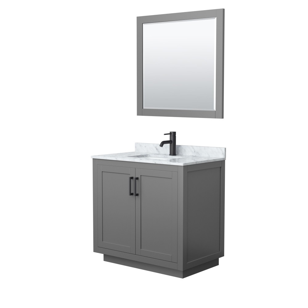 36 Inch Single Bathroom Vanity in Dark Gray, White Carrara Marble Countertop, Sink, Black Trim, 34 Inch Mirror