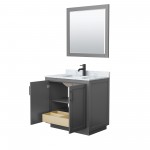 36 Inch Single Bathroom Vanity in Dark Gray, White Carrara Marble Countertop, Sink, Black Trim, 34 Inch Mirror