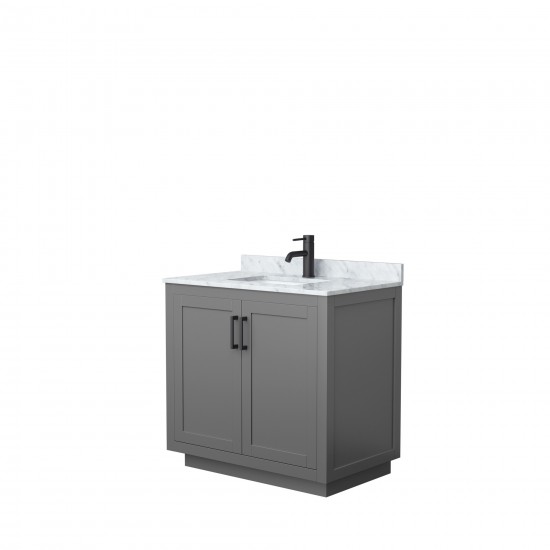 36 Inch Single Bathroom Vanity in Dark Gray, White Carrara Marble Countertop, Sink, Black Trim