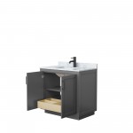 36 Inch Single Bathroom Vanity in Dark Gray, White Carrara Marble Countertop, Sink, Black Trim