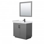 36 Inch Single Bathroom Vanity in Dark Gray, White Cultured Marble Countertop, Sink, Black Trim, 34 Inch Mirror