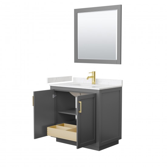 36 Inch Single Bathroom Vanity in Dark Gray, Light-Vein Carrara Cultured Marble Countertop, Sink, Gold Trim, 34 Inch Mirror