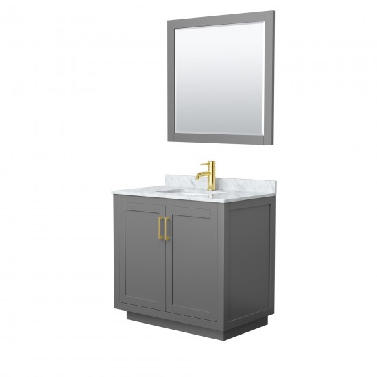 36 Inch Single Bathroom Vanity in Dark Gray, White Carrara Marble Countertop, Sink, Gold Trim, 34 Inch Mirror