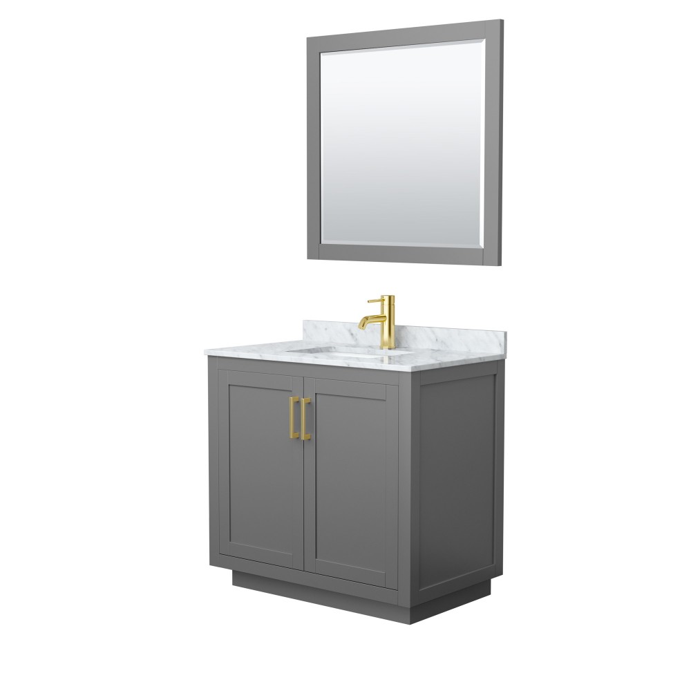 36 Inch Single Bathroom Vanity in Dark Gray, White Carrara Marble Countertop, Sink, Gold Trim, 34 Inch Mirror