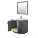 36 Inch Single Bathroom Vanity in Dark Gray, White Carrara Marble Countertop, Sink, Gold Trim, 34 Inch Mirror