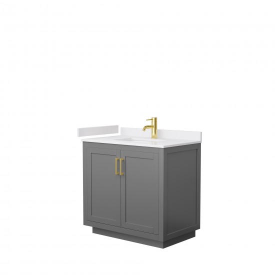 36 Inch Single Bathroom Vanity in Dark Gray, White Cultured Marble Countertop, Sink, Gold Trim