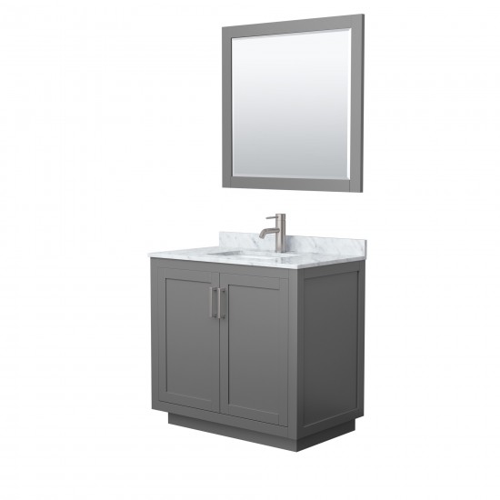 36 Inch Single Bathroom Vanity in Dark Gray, White Carrara Marble Countertop, Sink, Nickel Trim, 34 Inch Mirror