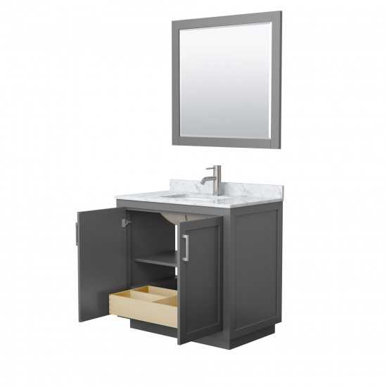 36 Inch Single Bathroom Vanity in Dark Gray, White Carrara Marble Countertop, Sink, Nickel Trim, 34 Inch Mirror