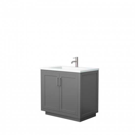36 Inch Single Bathroom Vanity in Dark Gray, 1.25 Inch Thick White Solid Surface Countertop, Sink, Nickel Trim