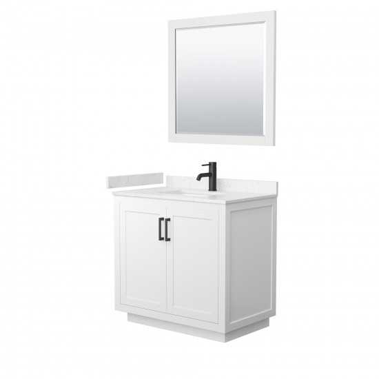 36 Inch Single Bathroom Vanity in White, Light-Vein Carrara Cultured Marble Countertop, Sink, Black Trim, 34 Inch Mirror