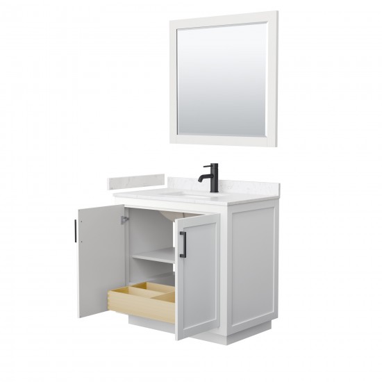 36 Inch Single Bathroom Vanity in White, Light-Vein Carrara Cultured Marble Countertop, Sink, Black Trim, 34 Inch Mirror