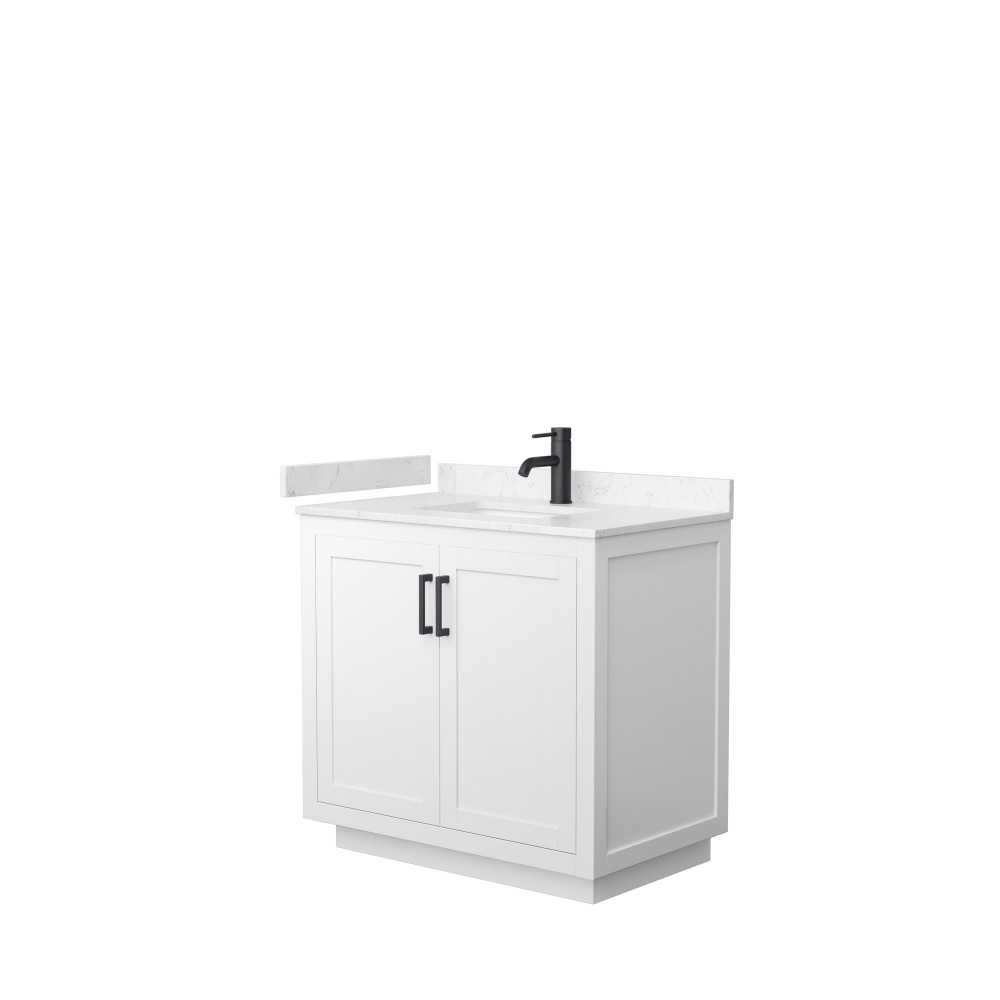 36 Inch Single Bathroom Vanity in White, Light-Vein Carrara Cultured Marble Countertop, Sink, Black Trim