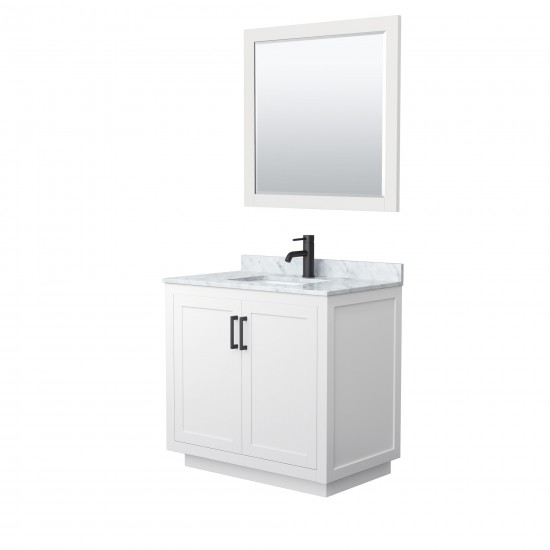 36 Inch Single Bathroom Vanity in White, White Carrara Marble Countertop, Sink, Black Trim, 34 Inch Mirror