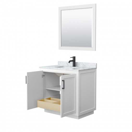 36 Inch Single Bathroom Vanity in White, White Carrara Marble Countertop, Sink, Black Trim, 34 Inch Mirror