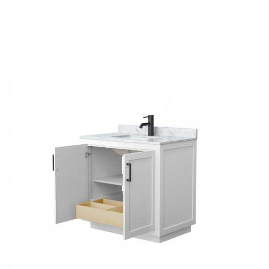 36 Inch Single Bathroom Vanity in White, White Carrara Marble Countertop, Sink, Black Trim