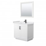 36 Inch Single Bathroom Vanity in White, White Cultured Marble Countertop, Sink, Black Trim, 34 Inch Mirror