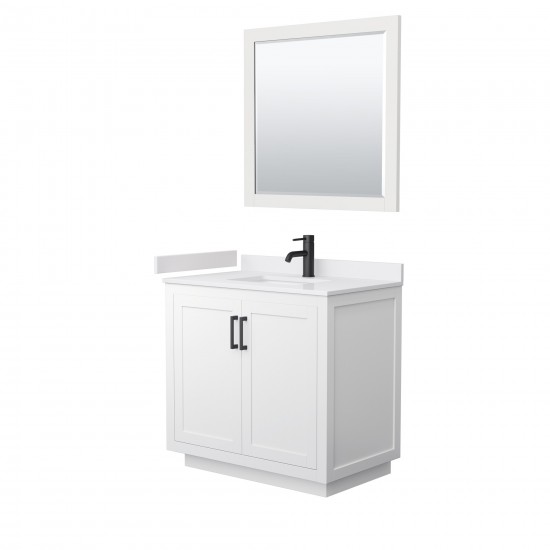 36 Inch Single Bathroom Vanity in White, White Cultured Marble Countertop, Sink, Black Trim, 34 Inch Mirror