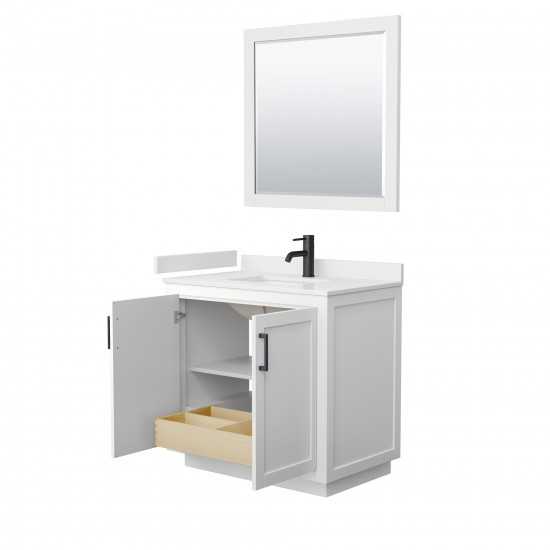 36 Inch Single Bathroom Vanity in White, White Cultured Marble Countertop, Sink, Black Trim, 34 Inch Mirror