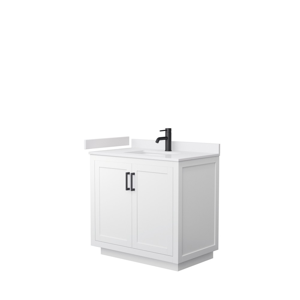 36 Inch Single Bathroom Vanity in White, White Cultured Marble Countertop, Sink, Black Trim