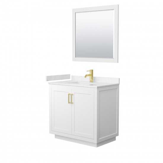 36 Inch Single Bathroom Vanity in White, Light-Vein Carrara Cultured Marble Countertop, Sink, Gold Trim, 34 Inch Mirror