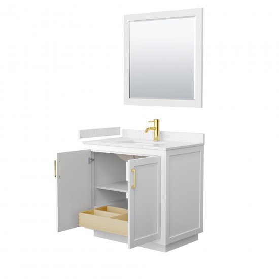 36 Inch Single Bathroom Vanity in White, Light-Vein Carrara Cultured Marble Countertop, Sink, Gold Trim, 34 Inch Mirror