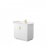 36 Inch Single Bathroom Vanity in White, Light-Vein Carrara Cultured Marble Countertop, Sink, Gold Trim