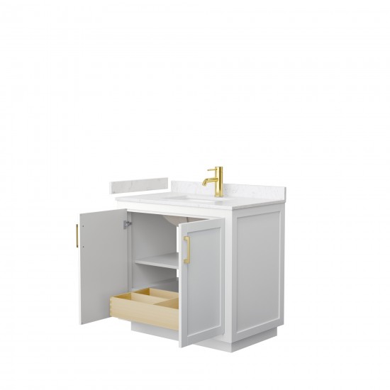 36 Inch Single Bathroom Vanity in White, Light-Vein Carrara Cultured Marble Countertop, Sink, Gold Trim