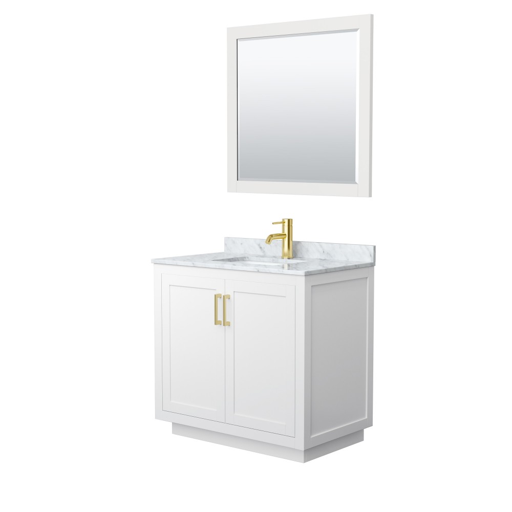 36 Inch Single Bathroom Vanity in White, White Carrara Marble Countertop, Sink, Gold Trim, 34 Inch Mirror