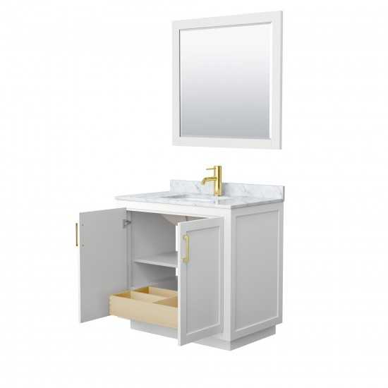 36 Inch Single Bathroom Vanity in White, White Carrara Marble Countertop, Sink, Gold Trim, 34 Inch Mirror