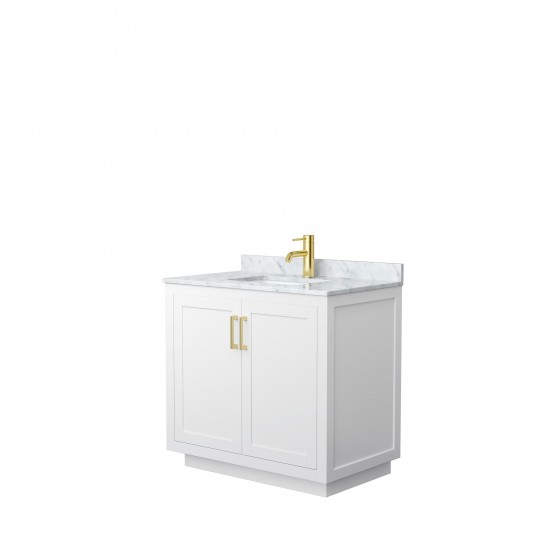 36 Inch Single Bathroom Vanity in White, White Carrara Marble Countertop, Sink, Gold Trim