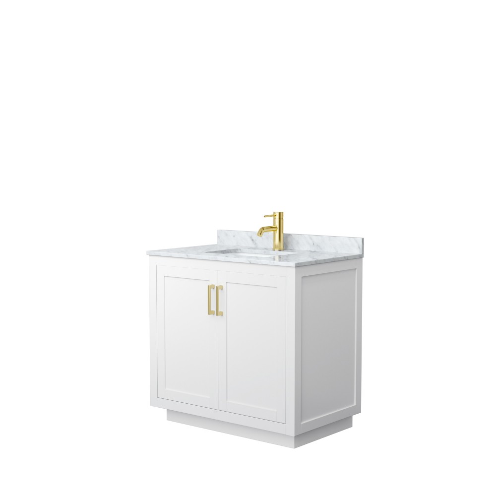 36 Inch Single Bathroom Vanity in White, White Carrara Marble Countertop, Sink, Gold Trim