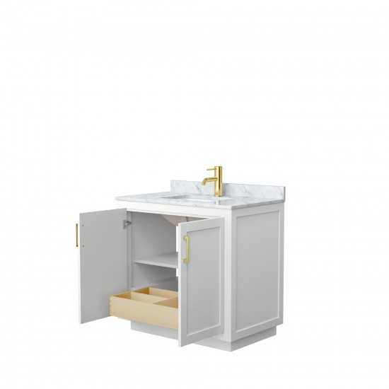 36 Inch Single Bathroom Vanity in White, White Carrara Marble Countertop, Sink, Gold Trim