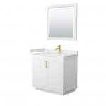 36 Inch Single Bathroom Vanity in White, White Cultured Marble Countertop, Sink, Gold Trim, 34 Inch Mirror