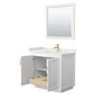 36 Inch Single Bathroom Vanity in White, White Cultured Marble Countertop, Sink, Gold Trim, 34 Inch Mirror