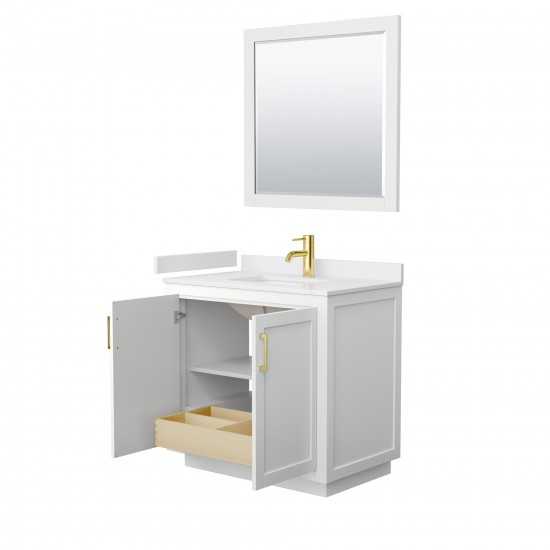 36 Inch Single Bathroom Vanity in White, White Cultured Marble Countertop, Sink, Gold Trim, 34 Inch Mirror