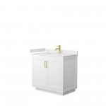 36 Inch Single Bathroom Vanity in White, White Cultured Marble Countertop, Sink, Gold Trim