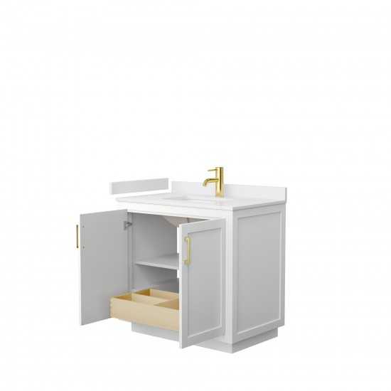 36 Inch Single Bathroom Vanity in White, White Cultured Marble Countertop, Sink, Gold Trim