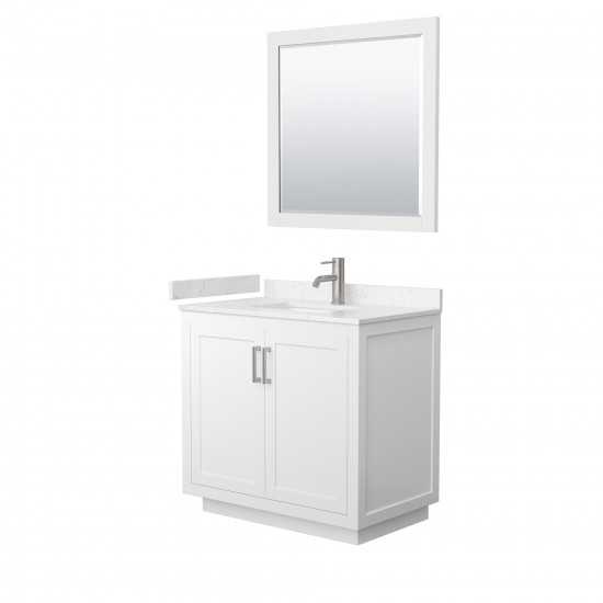 36 Inch Single Bathroom Vanity in White, Light-Vein Carrara Cultured Marble Countertop, Sink, Nickel Trim, 34 Inch Mirror