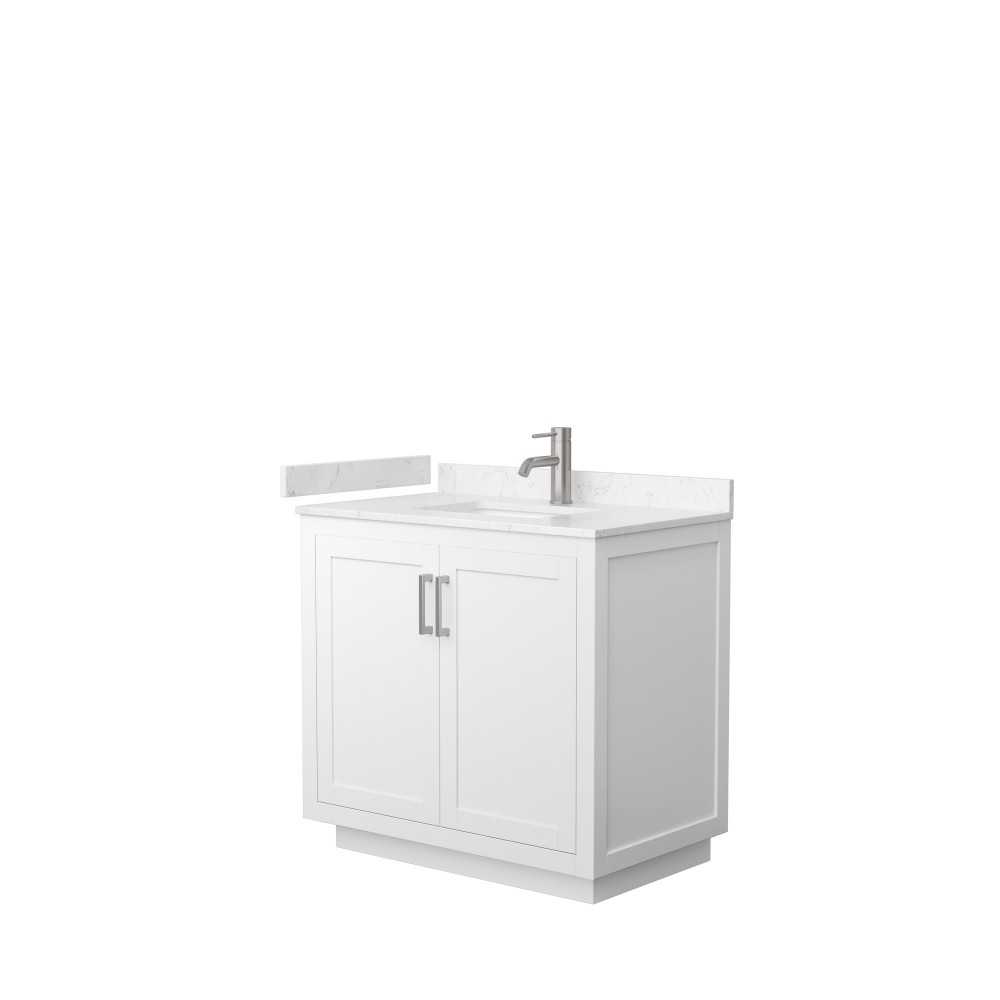 36 Inch Single Bathroom Vanity in White, Light-Vein Carrara Cultured Marble Countertop, Sink, Nickel Trim