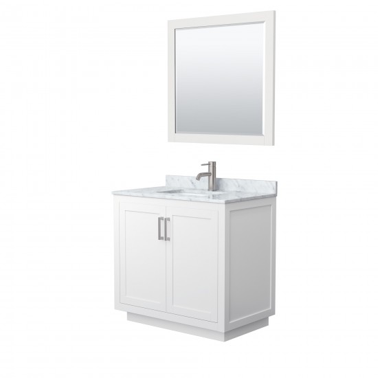 36 Inch Single Bathroom Vanity in White, White Carrara Marble Countertop, Sink, Nickel Trim, 34 Inch Mirror